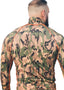 Swim Skin Rash Guard in Camo Tricot nylon/lycra, Front View; Swim Skin Rash Guard in Printed Tricot nylon/lycra, Rear View; Special Order Notice; Swim Skin Rash Man wearing a camouflage long-sleeve shirt on a white background Camouflage compression shirt worn by a body builder on a white background