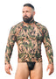 Swim Skin Rash Guard in Camo Tricot nylon/lycra, Front View; Swim Skin Rash Guard in Printed Tricot nylon/lycra, Rear View; Special Order Notice; Swim Skin Rash Man wearing a camouflage long-sleeve shirt on a white background