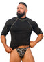 Swim Skin Rash Guard in Black Tricot nylon/lycra, Front View; Swim Warm Water Skin Rash Guard in Black Tricot nylon/lycra; Special Order Notice; Swim Skin Rash  Man wearing a black rash guard and star-patterned swim briefs on a white background