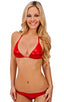 Brazilian Triangle Swim Top in Mystique Metallic Volcano Red, Front View; Brazilian Triangle Swim Top in Mystique Metallic Volcano Red, Rear View; Brazilian Tri