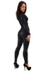 Front Zipper Catsuit-Bodysuit for Women in Wet Look Black, Front View; Front Zipper Catsuit-Bodysuit for Women in Wet Look Black, Rear View; Front Zipper Catsui