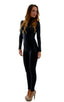 Front Zipper Catsuit-Bodysuit for Women in Wet Look Black, Front View; Front Zipper Catsuit-Bodysuit for Women in Wet Look Black, Rear View; Front Zipper Catsui