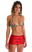 Micro Mini Skirt in Semi Sheer Red Satin Stripe and Mesh, Front View; Micro Mini Skirt in Semi Sheer Red Satin Stripe and Mesh, Rear View; Micro Mini Skirt in S