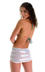 Micro Mini Skirt in Semi Sheer White Satin Stripe and Mesh, Front View; Micro Mini Skirt in Semi Sheer White Satin Stripe and Mesh, Rear View; Micro Mini Skirt 