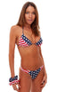 B32 - Womens Paneled T Back Thong Swimsuit Bottom - Prints 5115 - 5106 Stars on navy - Red/white stripes - Skinzwear