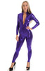 Front Zipper Catsuit-Bodysuit in Metallic Purple, Front View; Front Zipper Catsuit-Bodysuit in Metallic Purple, Rear View; Front Zipper Catsuit-Bodysuit in Meta