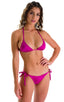 Low Rise Side Tie Brazilian Bikini Bottom in Magenta, Front View; Low Rise Side Tie Brazilian Bikini Bottom in Magenta, Rear View; Low Rise Side Tie Brazilian B