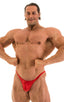mens posing suit with fitted pouch and puckered butt bodybuilder bikini half back in wet look red; Posing Suit - Fitted Pouch - Puckered Back in Wet Look Lipsti
