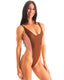 F17 - Womens One Piece Thong with Mesh Sides - Solid Sheer Semi Sheer 9886 Chocolate silk - Skinzwear