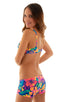 Womens Boy Cut Swim Shorts in Tahitian Floral 1; Womens Swim and Sport Fun Top in Hawaiian Floral 1.5; Boy Cut Swim Shorts Bottom in Hawaiian Tropical Fabric