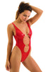 One Piece Keyhole Rio Bikini in Holographic Lipstick Red, Front View; One Piece Keyhole Rio Bikini in Red Shattered Glass, Rear View; One Piece Keyhole Rio Biki