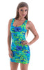 womens sexy mini dress bodycon rock star club sleeveless micro dresses in tropical rain forest; Micro Mini Dress in Tahitian Rainforest, Rear View; Micro Mini D