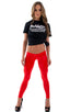 womens low cut designer leggings rock star fashion tights in Wet Look Red; Womens Super Low Rise Leggings in Wet Look Red, Rear View; Womens Super Low Rise Legg