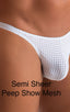 M63 - Mens Classic Brazilian 3/4 Back Bikini - Mesh 2500 White peep show - Skinzwear