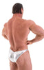 mens posing suit with fitted pouch and puckered butt bodybuilder bikini half back in metallic silver; Posing Suit - Fitted Pouch - Puckered Back in Metallic Chr