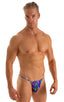 mens smooth large pouch t back thong swimsuit sexy swimwear bikini in Illumine print; Smooth Pouch Skinny Sides Swim Thong in Illumine, Rear View; Smooth Pouch 