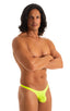 mens micro pouch thong back swimsuit bikini sexy low swimsuit in  Semi Sheer Lemon-Lime 1; Stuffit Pouch Thong in Super ThinSKINZ Semi Sheer Lemon-Lime 2; Stuff