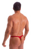 mens micro pouch thong back sexy swimsuit in swimwear fabric Ruby Red; Stuffit Pouch Thong in Ruby Red 2; Stuffit Pouch Thong in Ruby Red 3; Stuffit Pouch Thong