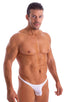 mens micro pouch thong back sexy swimsuit in swimwear fabric Semi Sheer White; Stuffit Pouch Thong in Super ThinSKINZ Semi Sheer White 2; Stuffit Pouch Thong in
