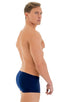 mens swimwear square cut boxer style swimsuit in Navy Blue; Extreme Low Square Cut Swim Trunks in Navy Blue, Rear View; Special Order Notice; Extreme Low Square