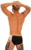 Pouch Enhanced Micro Square Cut Swim Trunks in White and PowerNet White, Front View; Pouch Enhanced Micro Square Cut Swim Trunks in White and PowerNet White, men's pouch brief swimsuit in a multi-color block design. The swimsuit is designed with a form-fitted front pouch that has a center seam to provide a contour fit, enhancing the male figure's shape.