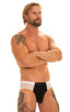 Pouch Enhanced Micro Square Cut Swim Trunks in White and PowerNet White, Front View; Pouch Enhanced Micro Square Cut Swim Trunks in White and PowerNet White, men's pouch brief swimsuit in a multi-color block design. The swimsuit is designed with a form-fitted front pouch that has a center seam to provide a contour fit, enhancing the male figure's shape.