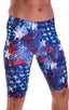 Lycra Bike Length Shorts in American Flag Collage, Front View; Lycra Bike Length Shorts in American Flag Collage, Rear View; Lycra Bike Length Shorts in America