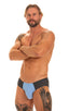 Pouch Enhanced Micro Square Cut Swim Trunks in White and PowerNet White, Front View; Pouch Enhanced Micro Square Cut Swim Trunks in White and PowerNet White, men's pouch brief swimsuit in a multi-color block design. The swimsuit is designed with a form-fitted front pouch that has a center seam to provide a contour fit, enhancing the male figure's shape.