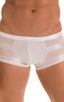 Fitted Pouch - Boxer - Swim Trunks in Super ThinSKINZ White &  White Satin Stripe Mesh, Front View; Fitted Pouch - Boxer - Swim Trunks in Super ThinSKINZ White 