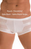 Fitted Pouch - Boxer - Swim Trunks in Super ThinSKINZ White &  White Satin Stripe Mesh, Front View; Fitted Pouch - Boxer - Swim Trunks in Super ThinSKINZ White 