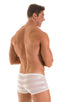Fitted Pouch - Boxer - Swim Trunks in Super ThinSKINZ White &  White Satin Stripe Mesh, Front View; Fitted Pouch - Boxer - Swim Trunks in Super ThinSKINZ White 