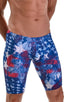 Fitted Pouch Lycra Shorts in American Flag Collage, Front View; Fitted Pouch Lycra Shorts in American Flag Collage, Rear View; Fitted Pouch Lycra Shorts in Amer