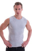 Sleeveless Lycra Muscle Tee in Heather Grey Cotton-Lycra, Front View; Sleeveless Lycra Muscle Tee in Heather Grey Cotton-Lycra, Rear View; Special Order Notice;
