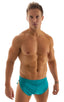mens sexy swimsuit bikini cover up split shorts in Deep Jade; Swimsuit Cover Up Split Running Shorts in Deep Jade, Rear View; Swimsuit Cover Up Split Running Sh