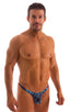 mens micro pouch thong back sexy swimsuit in swimwear fabric sheer Dark Water blue black; Stuffit Pouch Thong in Super ThinSKINZ Dark Water, Rear View; Stuffit 