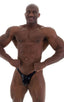 mens sexy bikini fitted pouch scrunchie rear in rock star metallic black; Posing Suit - Fitted Pouch - Puckered Back in Metallic Black, Rear View; Posing Suit -