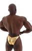mens posing suit with fitted pouch and puckered butt bodybuilder bikini half back in metallic gold; Posing Suit - Fitted Pouch - Puckered Back in Metallic Liqui
