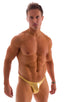 mens sexy swimwear bikini skinz international swimsuit brief in Metallic Gold; Fitted Bikini Bathing Suit in Metallic Gold, Rear View; Fitted Bikini Bathing Sui