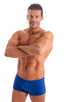 mens swimwear low waist square cut boxer style swimsuit in Imperial Blue; Extreme Low Square Cut Swim Trunks in Imperial Blue 2; Extreme Low Square Cut Swim Tru