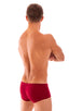 mens swimwear low waist square cut boxer style swimsuit in Ruby Red; Extreme Low Square Cut Swim Trunks in Ruby Red 2; Extreme Low Square Cut Swim Trunks in Rub