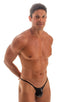 mens micro g string sexy swimsuit bikini in Wet Look Black, Front View; Stuffit Pouch G String Swimsuit in Wet Look Black, Rear View; Stuffit Pouch G String Swi