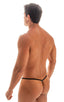 mens micro g string sexy swimsuit bikini in Wet Look Black, Front View; Stuffit Pouch G String Swimsuit in Wet Look Black, Rear View; Stuffit Pouch G String Swi