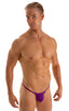 mens micro g string sexy swimsuit bikini in ThinSKINZ Grape, Front View; Stuffit Pouch G String Swimsuit in ThinSKINZ Grape, Rear View; Stuffit Pouch G String S