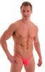 mens micro bikini swimsuit with tiny puckered butt in sheer Neon Coral; Micro Pouch - Puckered RIO Back in ThinSKINZ Neon Coral, Rear View; Micro Pouch - Pucker