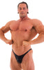 mens posing suit with fitted pouch and fitted puckered butt bodybuilder bikini in metallic black; Fitted Pouch - Puckered Back - Posing Suit in Metallic Black, 