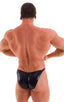 mens posing suit with fitted pouch and fitted puckered butt bodybuilder bikini in metallic black; Fitted Pouch - Puckered Back - Posing Suit in Metallic Black, 