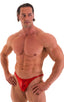 mens posing suit with fitted pouch and fitted puckered butt bodybuilder bikini in metallic red; Fitted Pouch - Puckered Back - Posing Suit in Metallic Lipstick 