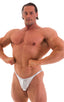 mens posing suit with fitted pouch and fitted puckered butt bodybuilder bikini in metallic silver; Fitted Pouch - Puckered Back - Posing Suit in Liquid Silver, 