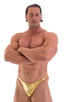 mens posing suit with fitted pouch and fitted puckered butt bodybuilder bikini in metallic gold; Fitted Pouch - Puckered Back - Posing Suit in Metallic Liquid G