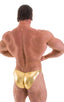 mens posing suit with fitted pouch and fitted puckered butt bodybuilder bikini in metallic gold; Fitted Pouch - Puckered Back - Posing Suit in Metallic Liquid G